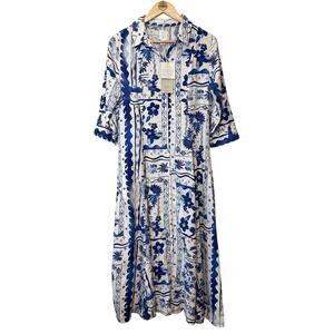 Joie Dress Linen Hawaiian Tropical Hibiscus Resort Beach White Blue Women Medium